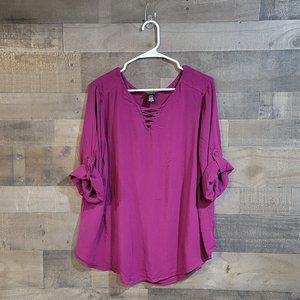 Torrid Maroon Tunic with Roll Sleeves and Criss Cross V-Neck - Size 2